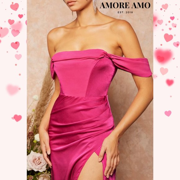 ❤️ Flora ❤️ Dress - Hug Hip Shell Pink Rose Flushed Ruched Satin Off Shoulder - Picture 5 of 10